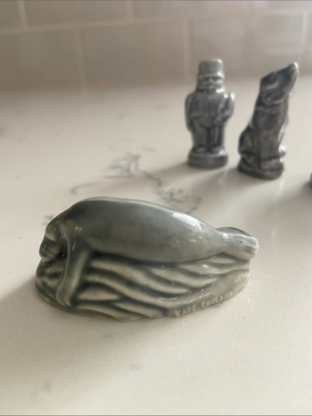 Vintage Wade England Whimsies Lot of 5 Gray Miniature Figurines Whale Wolf Eleph